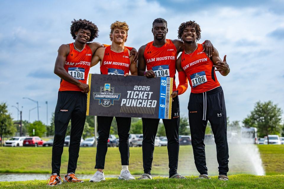 Jayden Jones, second from left, with Sam Houston's 4x100m relay after qualifying for the 2025 NCAA Championships